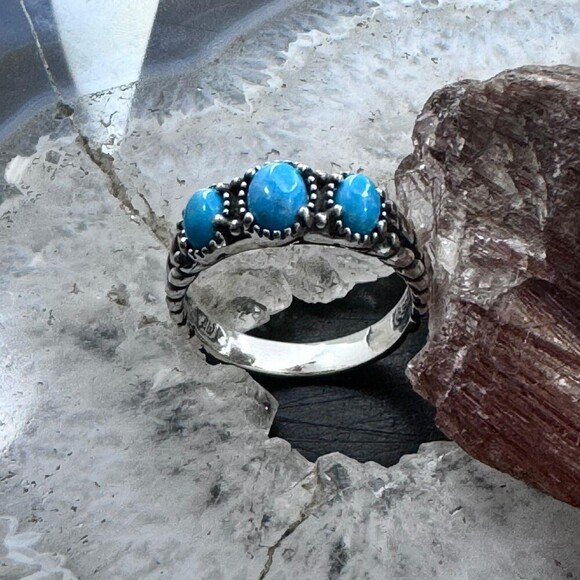 Carolyn Pollack Sterling Silver 3 Oval Turquoise Decorated Ring For Women - Picture 5 of 13